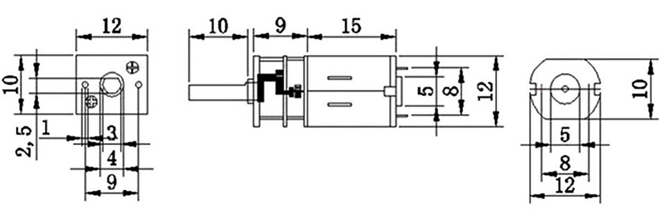 Motor 3V-6VDC met reductiekast 100RPM GA12-N20 afmetingen